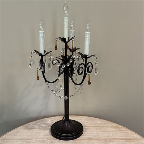 Candelabra Lamp with Clear Crystals and Glass Teardrop Prisms