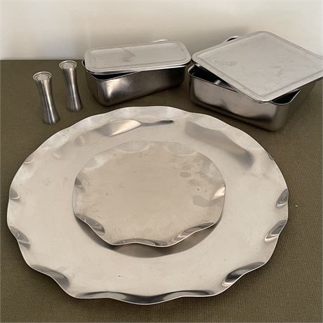 Stainless Steel Serving Trays, Covered Refrigerator Dishes & Salt/Pepper Shakers