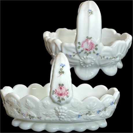 Pair of Vtg Westmoreland Milk Glass Split Handled Baskets with Painted Flowers