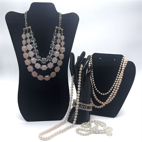 Triple Strand Necklace w/ Bundle of Pearl Necklaces & Stretch Bracelet