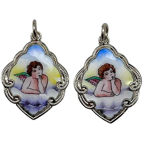Pair of Late Victorian Gott Schutze Dich Enamel Cherub Pendants