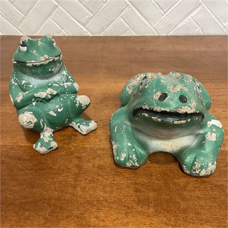 (2) Painted Cement Frog Statues
