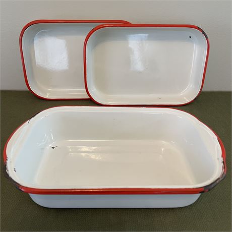 Vtg Enamelware Red Trim Baking Dishes