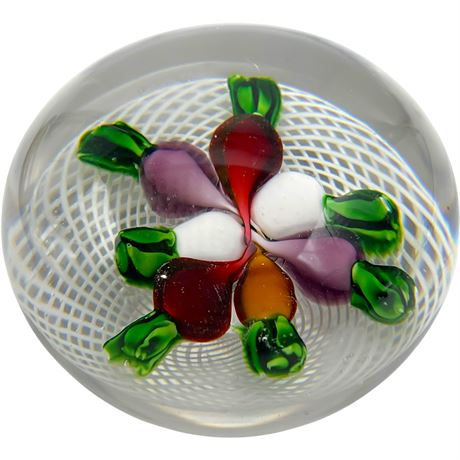 Antique Saint Louis Radish Bouquet on Latticinio Art Glass Paperweight