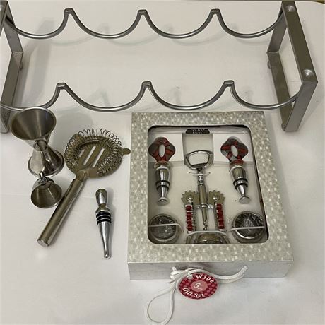4-Bottle Wine Rack, 5pc Wild Eye Designs Wine Tool Set & Other Barware