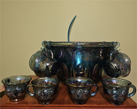Harvest Blue Indiana Carnival glass punch bowl set 12 mugs