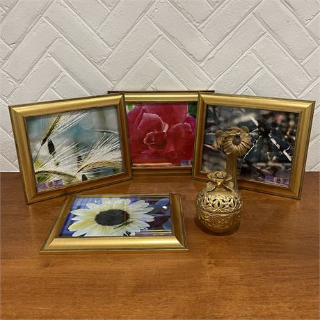 Coneflower & Bee Candle Holder with Golden Rose Egg and 4 Framed Photos