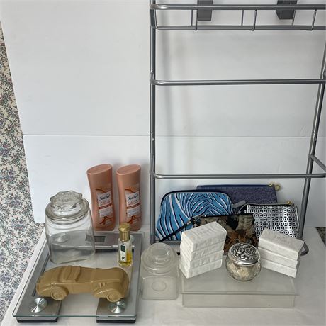 Bathroom Organizers, Soaps, Vtg Avon, Make-up Bags and Scale