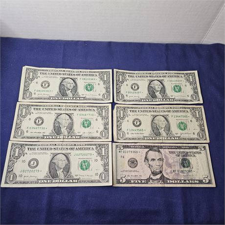 Star Note $1.00 Bills & $5.00 Bill