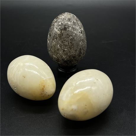 Group of 3 Vtg Carved Ivory Alabaster and Granite Egg Stone