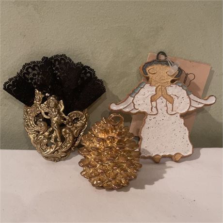 St. Andrew's Abbey Angel and Dept. 56 Pinecone Ornaments with Vtg Cherub Brooch