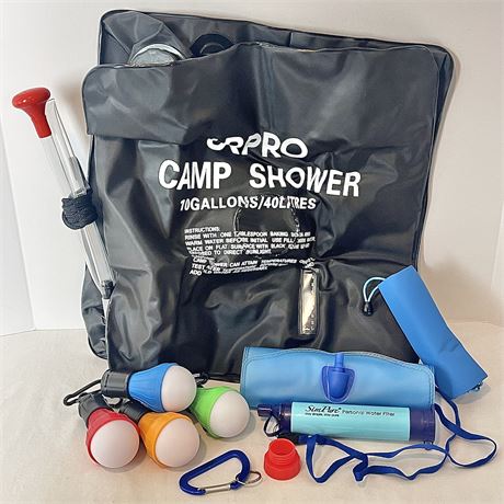 NIB Ultimate Camping w/ Urpro Camp Shower, Gravity Water System, & 4 Tent Lights