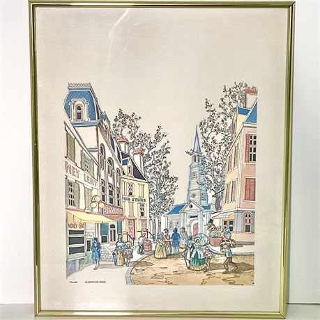Signed J. Dumas Village Scene Framed Lithograph