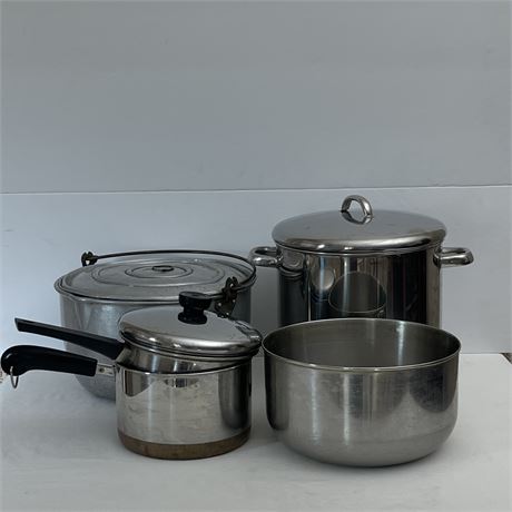 Vtg 12" Aluminum Kettle Pot, Revere Ware 12 qt Stock Pot, 2 small pots and Bowl