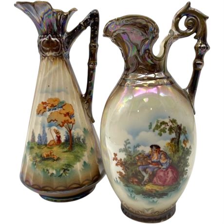 (2) Vtg Iridescent Czechoslovakian Porcelain Pastrol Scene Ewers