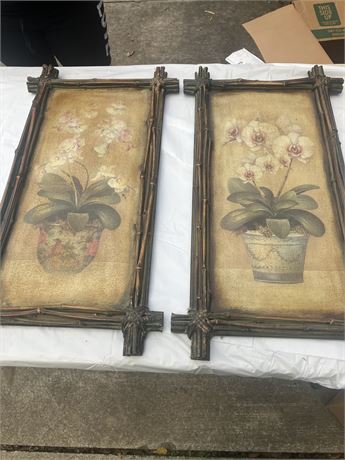 Resin Dark Color Bamboo Picture Frame With Flowers Set of Two