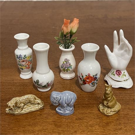 Collection of Miniature Ceramic Vases, Animals & Hand Figurines
