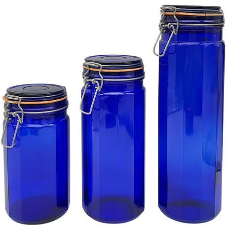 Set of 3 Cobalt Blue Glass Wire Bail Lidded Canisters
