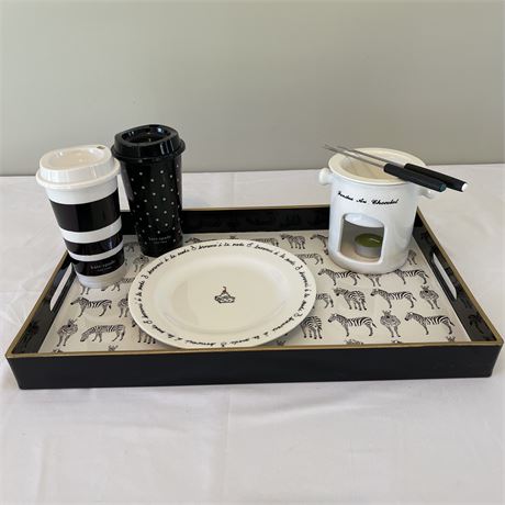 Kate Spade Coffee Tumblers, Pottery Barn Dessert Plate & Fondue Set on Tray