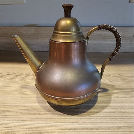 Unique vintage brass and copper hand pressed teapot from Holland