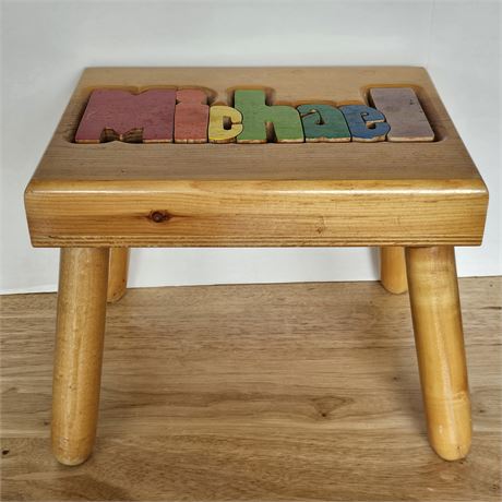 Don& Carol Damrorst Toys Handmade Wooden Childs Block Stool Spells Out "Michael"