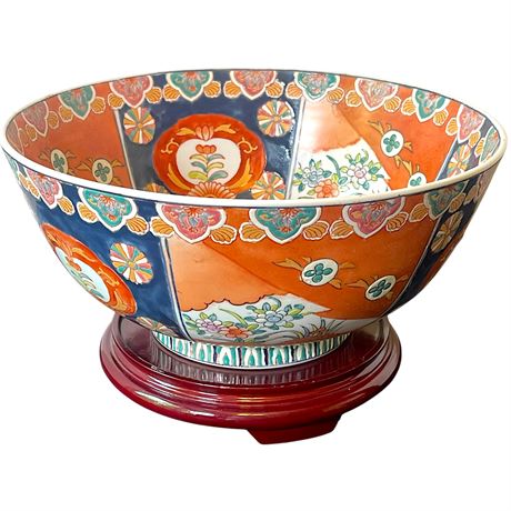 Large Antique Japanese Imari Porcelain Hand-Painted Bowl on Wooden Base