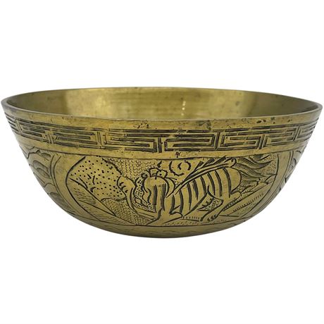 Antique Heavy Oriental Engraved Brass Bowl w/ Ming Mark