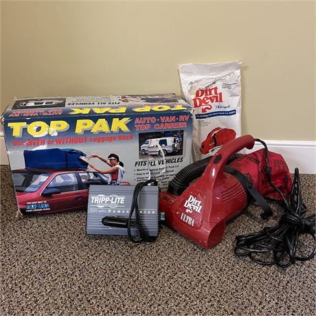 Auto Accessories with Dirt Devil Hand Vac, Rooftop Carrier, and Tripp Lite