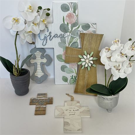 Pastels Decorative Lot w/ Crosses and Artificial Orchids
