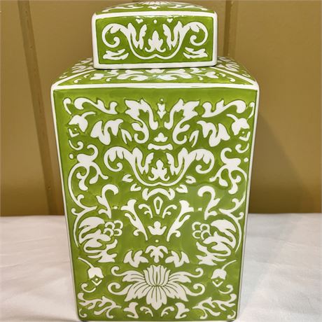 Oriental Green & White Porcelain Lidded Canister / Vase