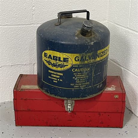 Eagle Galvanized Gas Can with Old Metal Tool Box