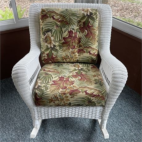 White Wicker Patio Rocking Chair w/ Seat and Back Cushions