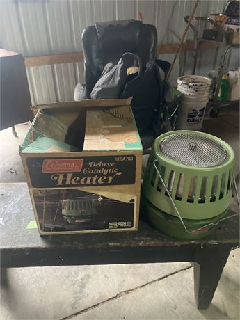 Vintage Coleman Deluxe Catalytic Heater, model 515A708, shown with its original