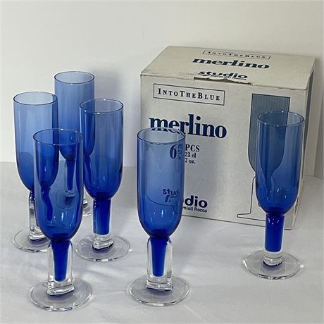 Set of 6 Merlino "Into the Blue" Stemmed Glasses with Box