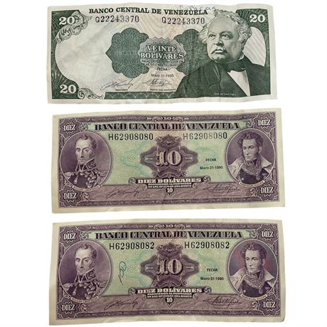 Venezuelan Currency - 20 & 10 Bolivares Banknotes