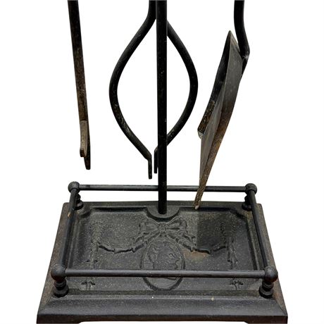 Antique Cast Iron Fireplace Tool Set on Stand