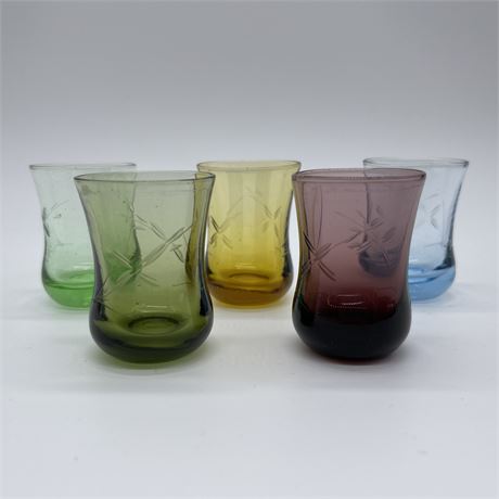 Lot of 5 Vintage Colored Glass Etched Shot Glasses