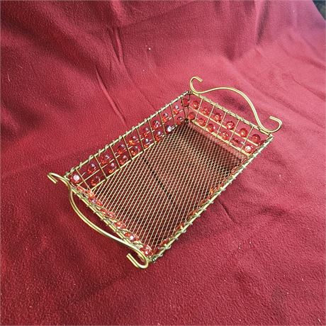 Decorative, rectangular gold-colored wire basket or tray with red beaded accents