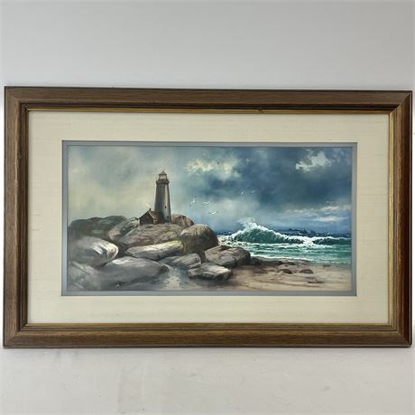 Clark Signed Lighthouse Seascape Framed Art Piece