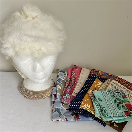 1960s Rabbit Fur Berret Pom Hat, Scarves (mainly Silk) and a Pearl Collar