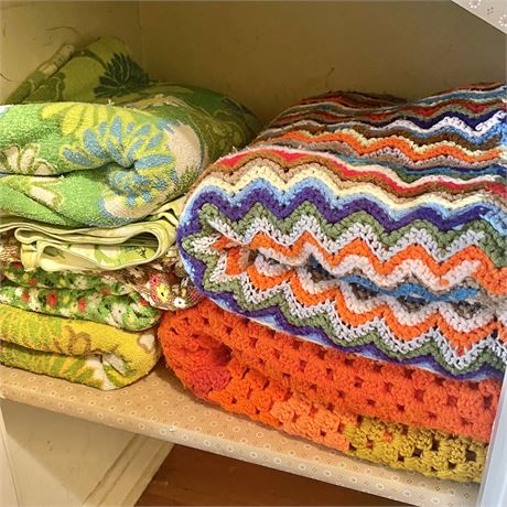 Mid Century Hand-Crocheted Blankets, Towels & Other Linens