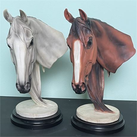 Pair of Racing Horse Bust Sculptures on Stands