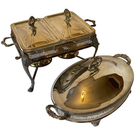 Vtg Silver Plated Buffet Servers with Glass Inserts