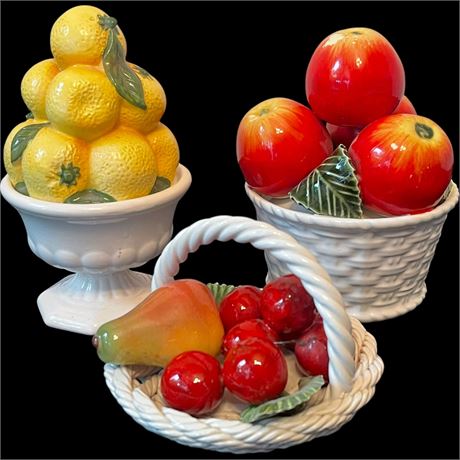 Ceramic Lefton Lemon Covered Dish, Subtil Apple Basket & Lanzarine Fruit Basket