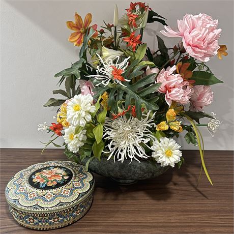 1950's Floral Tin with Spring Silk Flower Arrangement Centerpiece