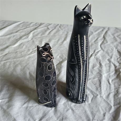 Set of 2 Vintage Hand Carved Stone Cats: African Sculpture Pair,