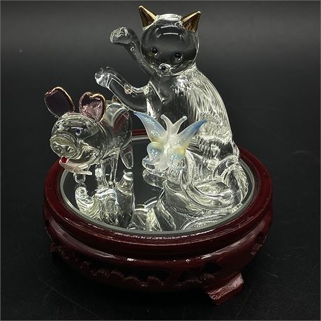 Crystal Pig and Cat with Butterfly on Mirrored Tray