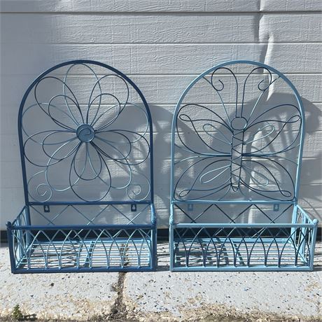 Pair of Wrought Iron Wall Hanging Planters (Butterfly and Flower)