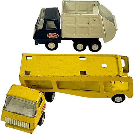 Vtg Tonka Pressed Steel Garbage Truck & Car Carrier Truck Trailer