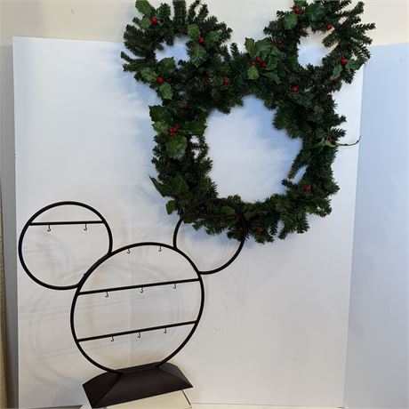 Hallmark Disney Mickey Mouse Ornament Display Stand & Mickey Shaped Wreath